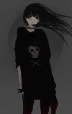 a drawing of a girl with long black hair and skull on her t - shirt