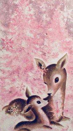 a painting of two baby deers in front of a pink background with snowflakes