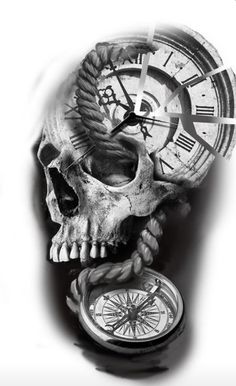 a black and white photo of a skull with a clock