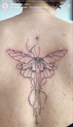 lunar moth tattoo fine line stars Moving Moth Tattoo, Insect Spine Tattoo, Bug Spine Tattoos, Ornamental Bug Tattoo, Whimsical Moth Tattoo, Lunar Moth Tattoos, Moth Spine Tattoo, Dragonfly Tattoo Chest, Moth Tramp Stamp