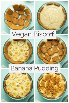 the steps to making vegan biscoff banana pudding are shown in four different pictures