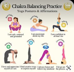 the chakra balancing practice for yoga postures and affirmations is shown in this poster