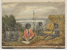 an old painting of men sitting on the ground in front of some trees and water