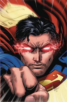 superman is pointing at the camera with his hand on his chest and eyes glowing red