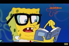 spongebob reading a book while wearing glasses