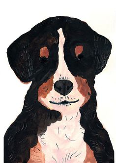 a painting of a black and white dog with brown spots on it's face