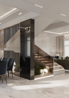 a living room filled with furniture next to a staircase