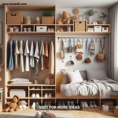 a bedroom with lots of closet space and clothes hanging on the wall, along with stuffed animals