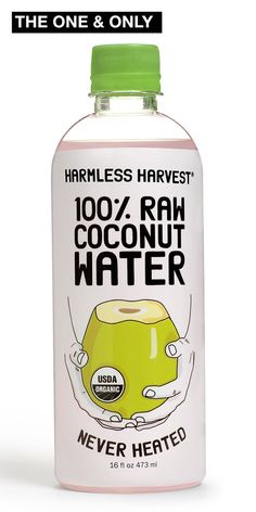 a bottle of coconut water on a white background with the words harmless harvest