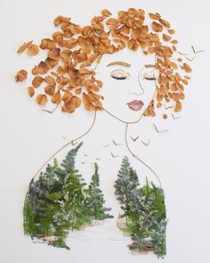 a drawing of a woman surrounded by trees