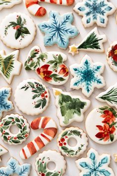 decorated christmas cookies are displayed on a table