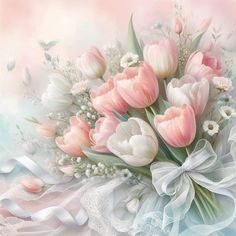 a bouquet of pink tulips and white flowers on a pastel colored background