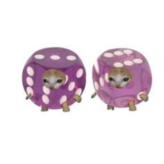 two purple and white toy mice sitting on top of each other with polka dots around them