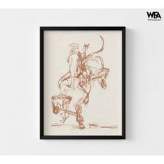 a framed drawing of a man on a horse