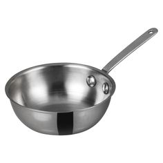 a stainless steel frying pan with a spoon in the bottom and two holes on the side