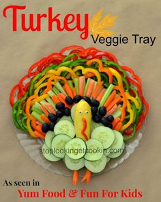 a turkey made out of veggies on top of a plate with the words, as seen in yum food & fun for kids