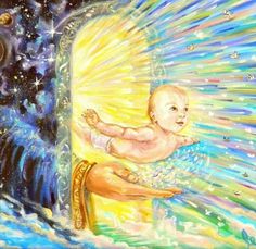 a painting of a man holding a baby in his arms with the sun shining behind him