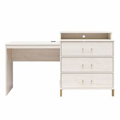 a white desk with two drawers and a shelf