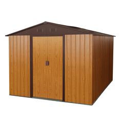 a wooden storage shed with brown trim on the side and door open to let in light