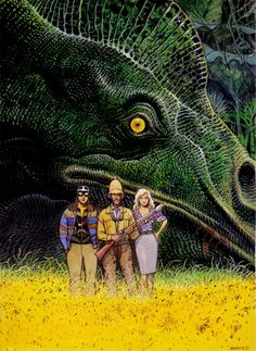 three people standing in front of a large dinosaur