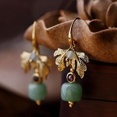 Item Type: EarringsGender : WomenMaterial: Dongling Jade,Gold Plated Ear Hook,Gold Plated leaves,GarnetStyle: Casual, Ethnic, RetroShape/pattern: PlantProcess: 14K Gold PlatedApplicable Occasions:Party, Engagement Anniversary ,Vacation Gift,Traveling.Length: 4.5 cm/ 1.77 " Bijoux Art Nouveau, Jade Charm, Vintage Gold Earrings, Princess Earrings, Vintage Style Earrings, Vintage Princess, Jade Earrings, Beaded Drop Earrings, Pretty Earrings