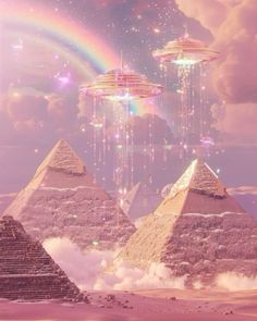 three pyramids in the sky with some lights above them and a rainbow behind them