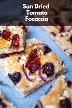 sun dried tomato focaccia on a plate with text overlay that reads, sun dried tomato focaccia