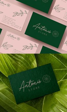 some green and pink business cards sitting on top of leafy leaves with the words antonio's store