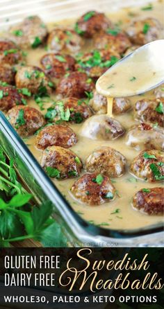 gluten free swedish meatballs with gravy being drizzled over them