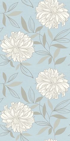 a blue and white flower wallpaper with leaves