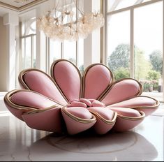 a large pink flower shaped object sitting on top of a white floor next to a chandelier