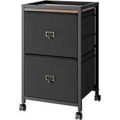 two drawers with wheels on each side, one is black and the other has gold handles