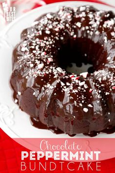 chocolate peppermint bundt cake on a white plate