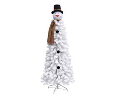 a white christmas tree with a snowman standing on it's head and scarf around its neck