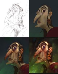 three different images of an animated character