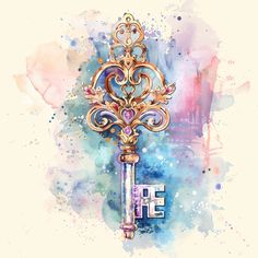 an ornate key with the letter e painted in watercolor