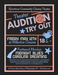 an event poster with the words theater auditorium try out