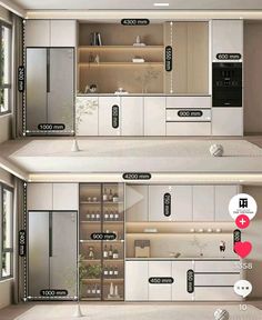 the kitchen is divided into two sections and labeled with labels on each side, including refrigerator