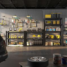 a garage filled with lots of different types of tools and items on shelves next to each other