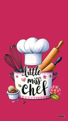 the words little miss chef written in black on a pink background with cooking utensils