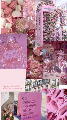 a collage of pink and white pictures with words on them that read stop apoloizing to someone thaning you like it