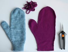 two mittens, one with a pair of scissors and the other with a knitted glove