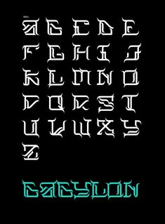 an old english alphabet with green and blue letters on black background, in the style of gothic