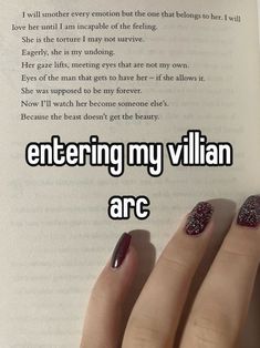 someone is reading a book with their nails painted red and the words entering my villain are