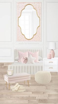 a bedroom with white walls, pink and gold decor and accessories on the bed in front of a large round mirror