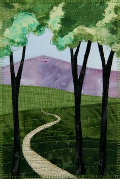 a painting of trees and a path in the grass