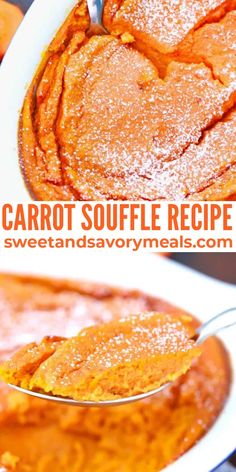 carrot souffle recipe in a white bowl with spoon and text overlay that reads carrot souffle recipe