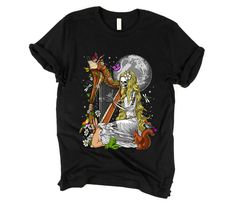 Skeleton Hippie Harp Player Shirt - Psychedelic Fantasy Womens Tee - Festival Clothing - Nature Forest Girls Shirt - Floral Boho Clothes Mystic Clothing, Harp Player, Gothic Outfit, Gothic Skeleton, Hippie T Shirts, Boho Clothes, Forest Girl, Hippy Gifts