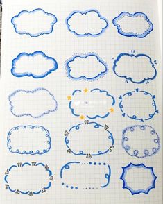 a sheet of paper that has some blue doodles on it with different shapes and sizes