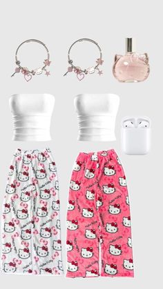 Cute Matching Pajamas For Best Friends, Hello Kitty Pants Outfit, Hello Kitty Clothes Aesthetic, Matching Outfits For Friends, Matching Clothes For Best Friends, Matching Best Friend Outfits, Pajama Pants Outfit, Hello Kitty Pajama Pants, Hello Kitty Outfit